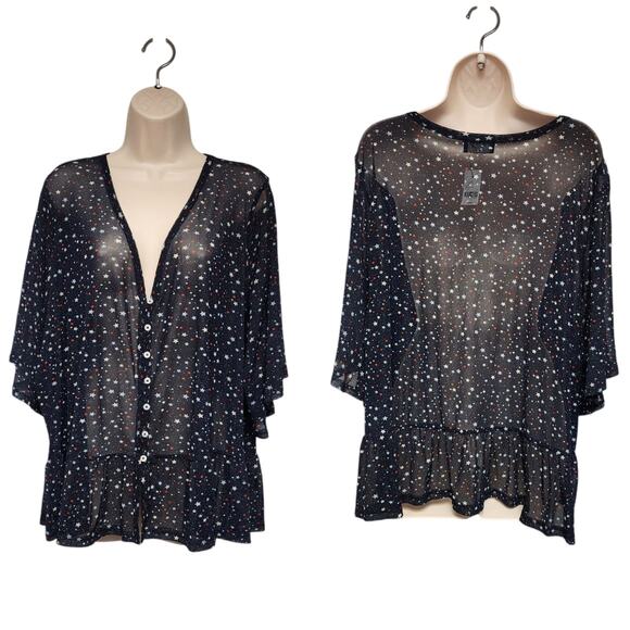 Lane Bryant 3/4 Bell Sleeve V-Neck Sheer Star Pattern Blouse Multi-Blue Sz 26-28 - Picture 1 of 8